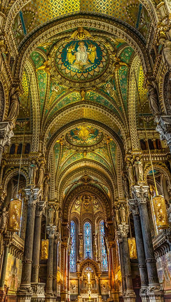 Colorful mosaics, altar, stained glass, Basilica of Notre Dame de Fourviere, Lyon, France. art print by William Perry for $57.95 CAD