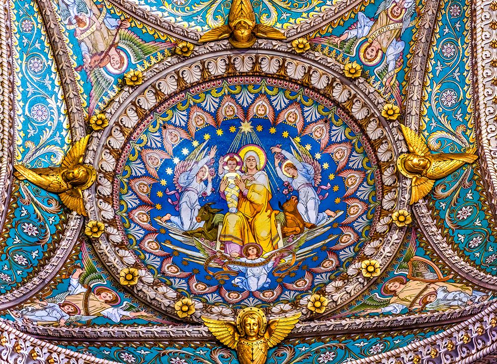 Colorful Virgin Mary, Baby Jesus mosaic, Basilica of Notre Dame de Fourviere, Lyon, France. art print by William Perry for $57.95 CAD