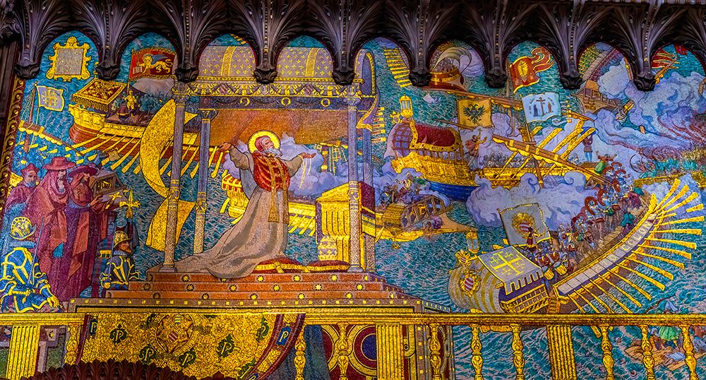Colorful Gilded Battle of Lepanto mosaic, Basilica of Notre Dame de Fourviere, Lyon, France. art print by William Perry for $57.95 CAD