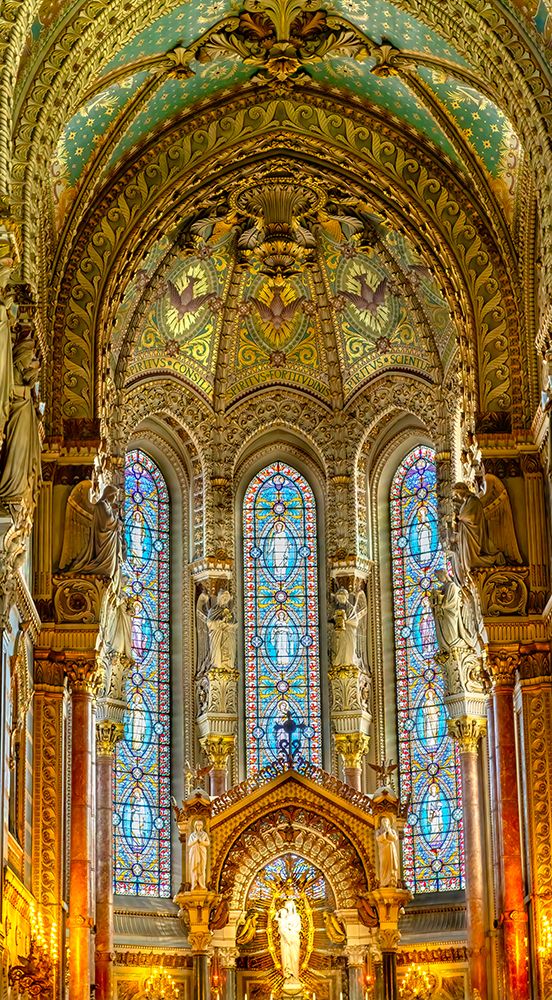 Colorful mosaics, altar, stained glass, Basilica of Notre Dame de Fourviere, Lyon, France. art print by William Perry for $57.95 CAD