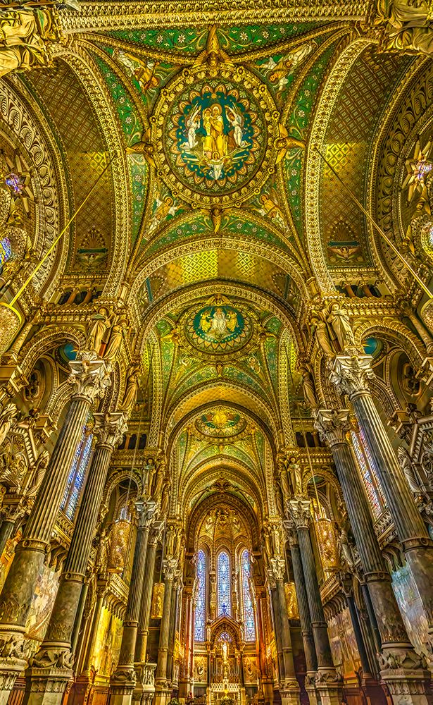 Colorful mosaics, altar, stained glass, Basilica of Notre Dame de Fourviere, Lyon, France. art print by William Perry for $57.95 CAD