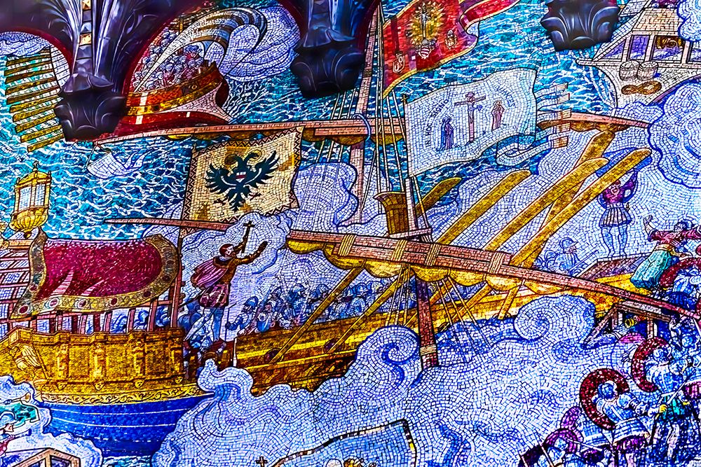 Colorful Gilded Battle of Lepanto mosaic, Basilica of Notre Dame de Fourviere, Lyon, France. art print by William Perry for $57.95 CAD