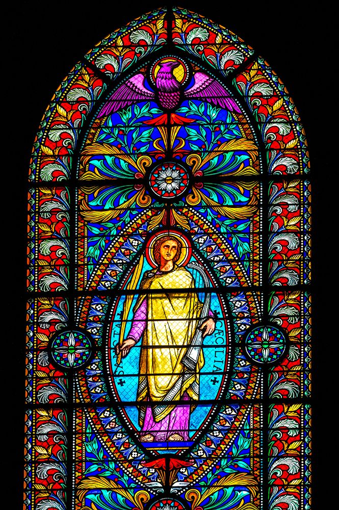 Saint Cecilia colorful stained glass, Basilica of Notre Dame de Fourviere, Lyon, France. art print by William Perry for $57.95 CAD