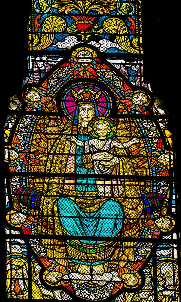 Virgin Mary, Baby Jesus colorful stained glass, Basilica of Notre Dame de Fourviere, Lyon, France. art print by William Perry for $57.95 CAD