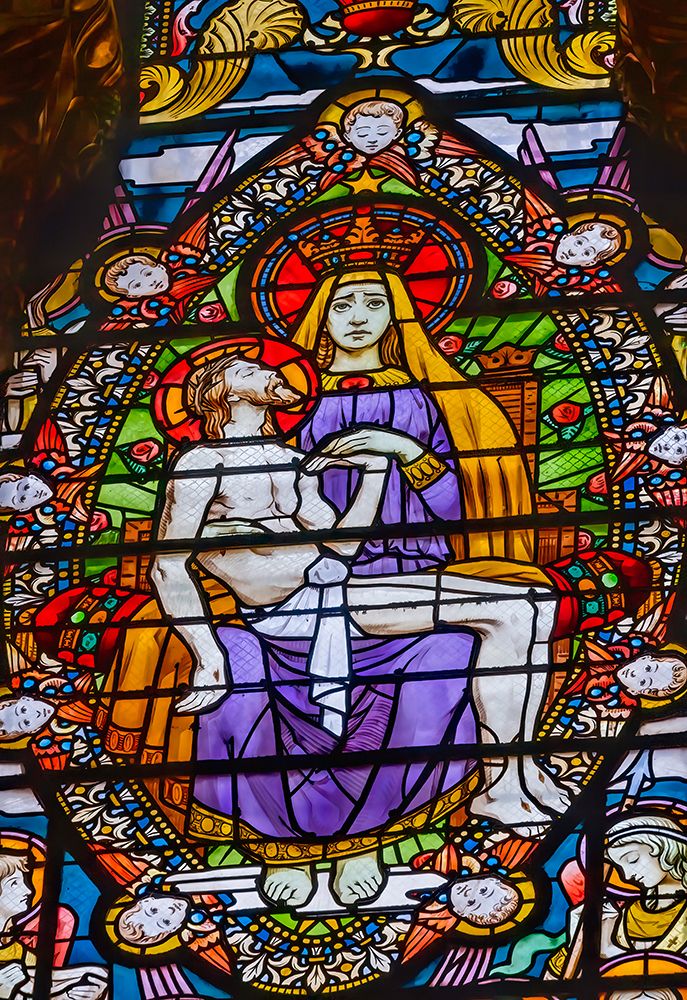 Pieta Virgin Mary Crucified Jesus stained glass, Basilica of Notre Dame de Fourviere, Lyon, France. art print by William Perry for $57.95 CAD
