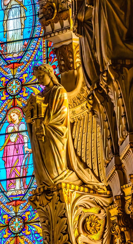 Angel statue colorful stained glass, Basilica of Notre Dame de Fourviere, Lyon, France. art print by William Perry for $57.95 CAD