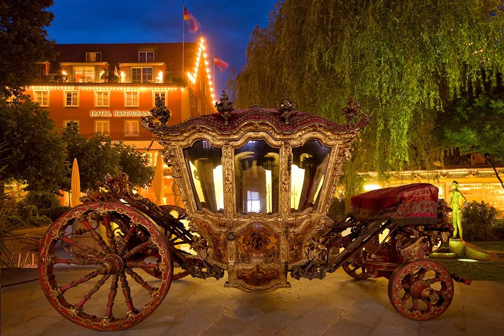 Germany-Lindau Island-Lake Constance Victorian ornate carriage in front of hotel at night art print by Jaynes Gallery for $57.95 CAD