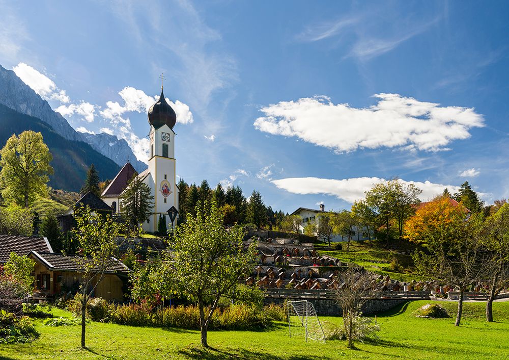 Church St-Johannes der Taufer-John the Baptist-Mount Zugspitze in the background-Village Grainau ne art print by Martin Zwick for $57.95 CAD