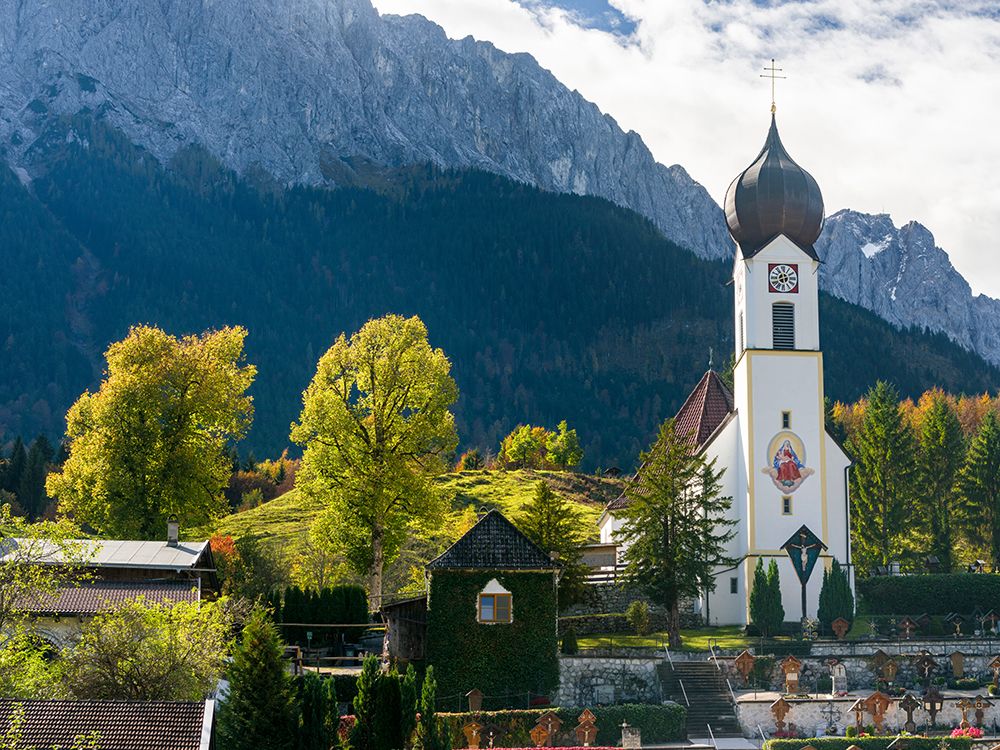 Church St-Johannes der Taufer-John the Baptist-Mount Zugspitze in the background-Village Grainau ne art print by Martin Zwick for $57.95 CAD