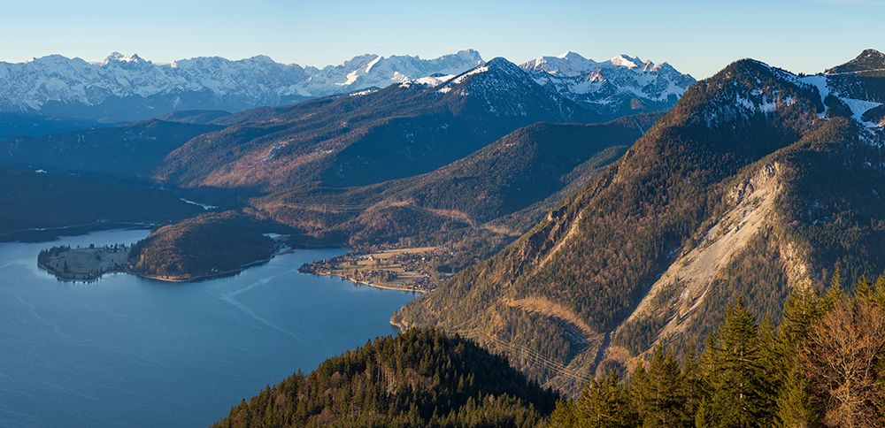 View from Mt-Jochberg near lake Walchensee towards lake Walchensee and Wetterstein mountain range-G art print by Martin Zwick for $57.95 CAD