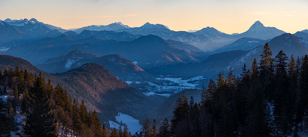 View towards Jachenau-Mt-Jochberg and Mt-Guffert-View from Mt-Herzogstand near lake Walchensee-Germ art print by Martin Zwick for $57.95 CAD