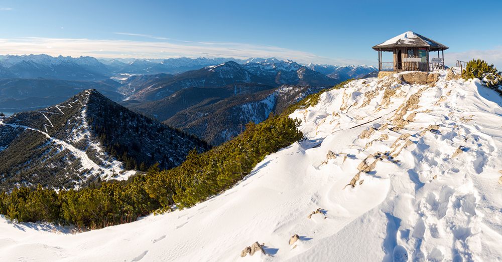 View towards the summit pavilion-View from Mt-Herzogstand near lake Walchensee-Germany-Bavaria art print by Martin Zwick for $57.95 CAD