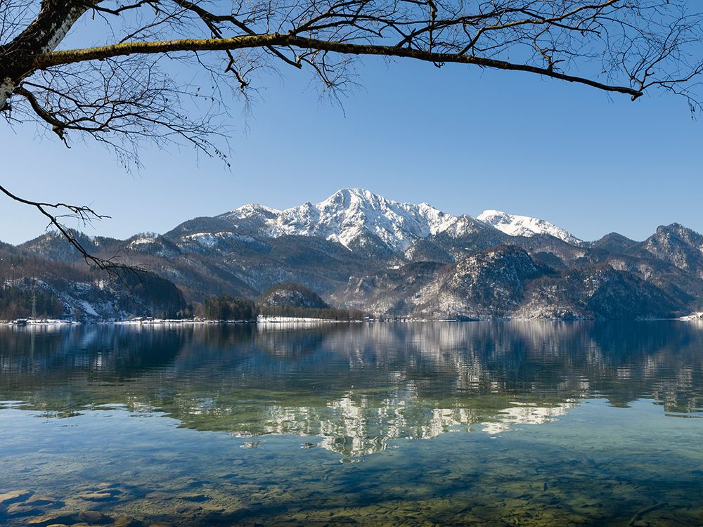 Lake Kochelsee at village Kochel am See during winter in the Bavarian Alps-Mt-Herzogstand in the ba art print by Martin Zwick for $57.95 CAD