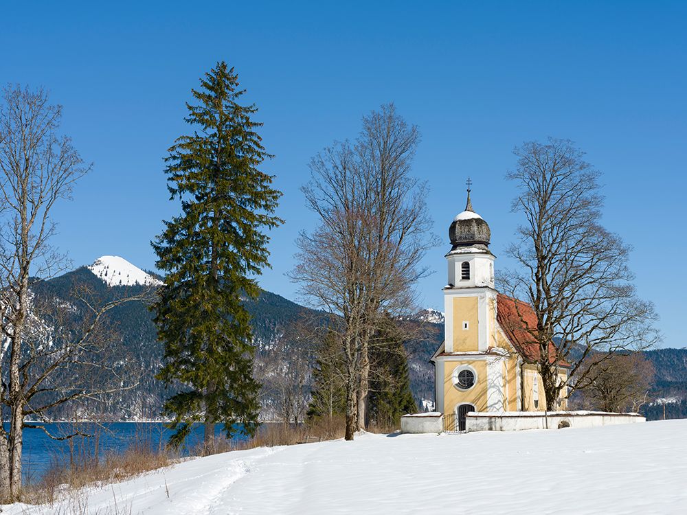 Church Sankt Margareth at Zwergern Spitz-Lake Walchensee near village Einsiedl in the snowy Bavaria art print by Martin Zwick for $57.95 CAD
