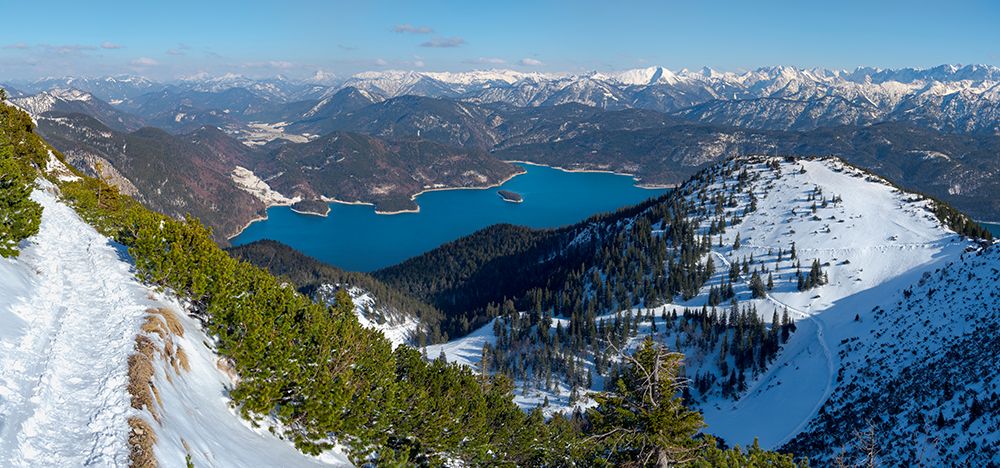 View towards lake Walchensee and Karwendel mountain range-View from Mt-Herzogstand near lake Walche art print by Martin Zwick for $57.95 CAD