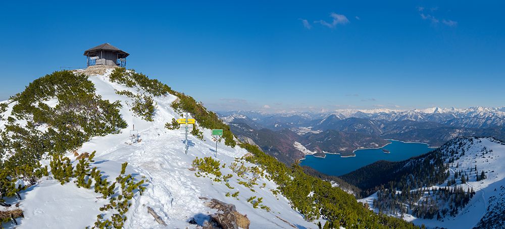 Summit of Mt-Herzogstand with pavilion near lake Walchensee during winter in the Bavarian Alps-Germ art print by Martin Zwick for $57.95 CAD