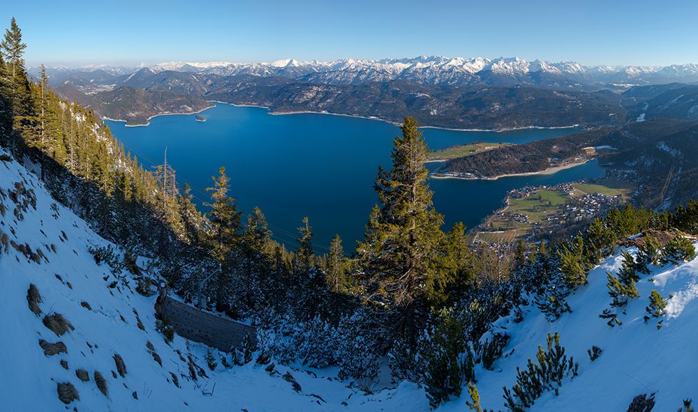 The view from Mt-Fahrenberg-Kopf towards lake Walchensee and Karwendel mountain range during winter art print by Martin Zwick for $57.95 CAD