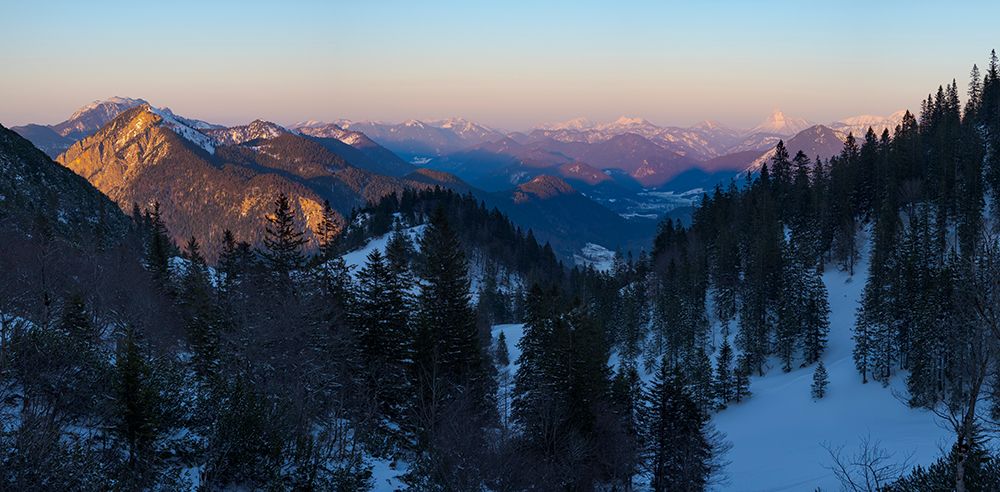 View towards Karwendel Mountains-Mt-Jochberg and Mt-Benediktenwand-View from Mt-Herzogstand near la art print by Martin Zwick for $57.95 CAD