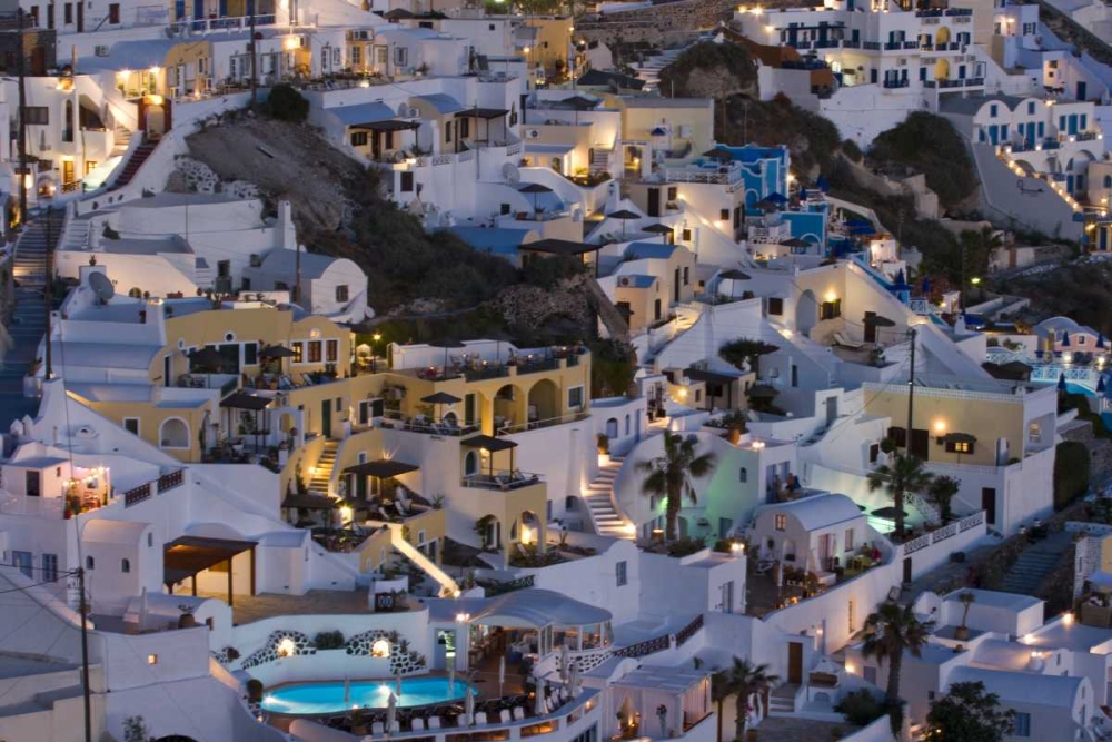 Greece, Firostefani Cliffside villas at night art print by Bill Young for $57.95 CAD