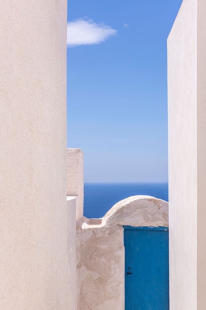 Europe-Greece-Thirasia-White building and blue door and ocean art print by Jaynes Gallery for $57.95 CAD