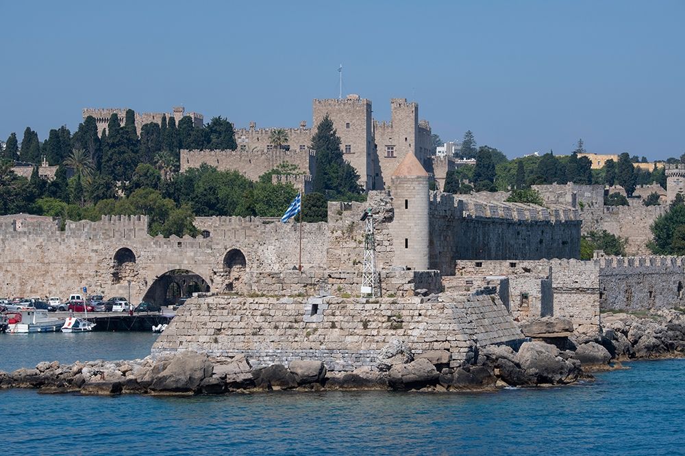 Greece-Rhodes Aegean Sea harbor view of the walled medieval Old Town UNESCO art print by Cindy Miller Hopkins for $57.95 CAD