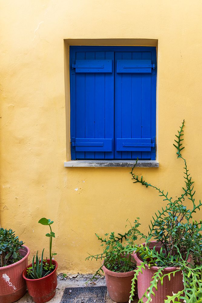 Greece, Crete, Chania harbor, old town. Blue shutters in yellow wall. art print by Emily M. Wilson for $57.95 CAD
