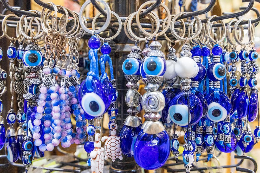 Greece, Crete, Chania, Old Town. Tourist souvenir Turkish Eye or Nazar amulets, ward off bad luck art print by Emily M. Wilson for $57.95 CAD