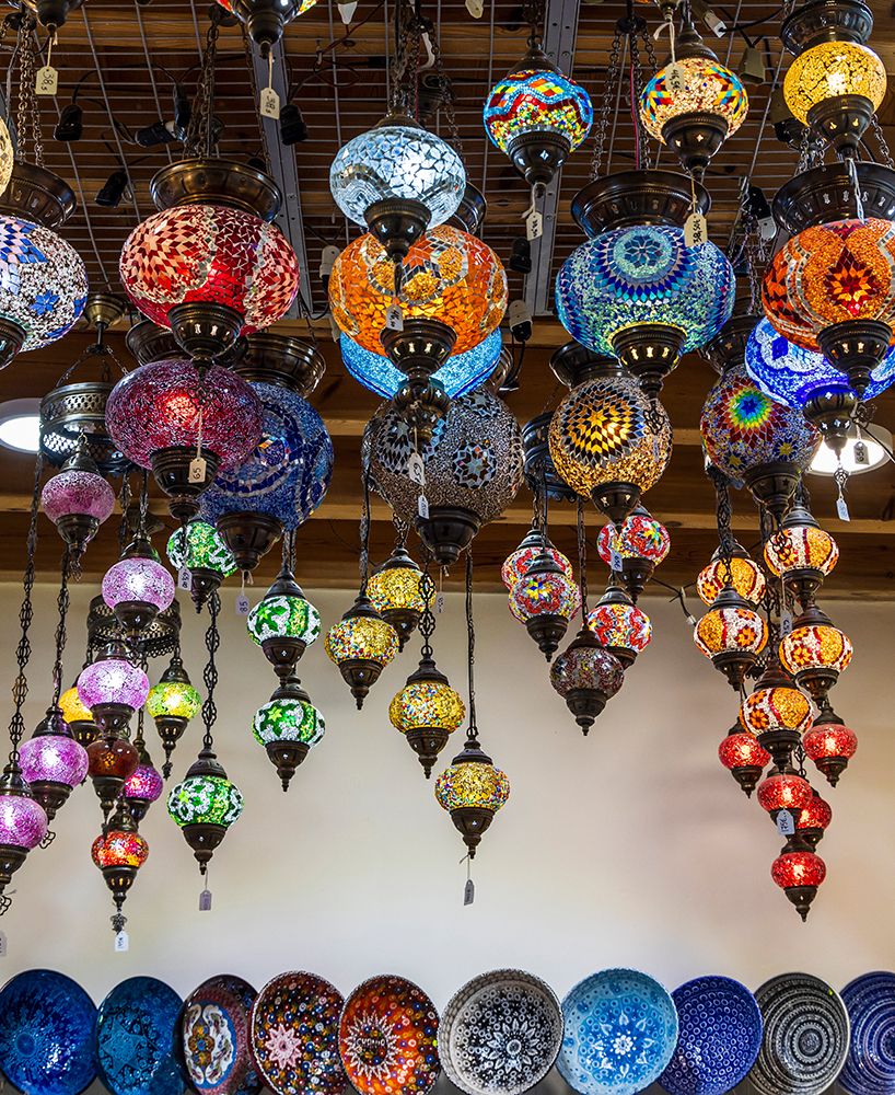 Greece, Crete, Chania, Old Town. Tourist Souvenirs. Colored glass lamps and colorful bowls. art print by Emily M. Wilson for $57.95 CAD
