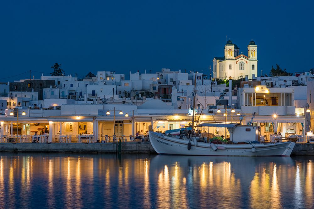 A view of the village of Naousa and dock at night Naousa-Paros Island-Cyclades Islands-Greece art print by Sergio Pitamitz for $57.95 CAD