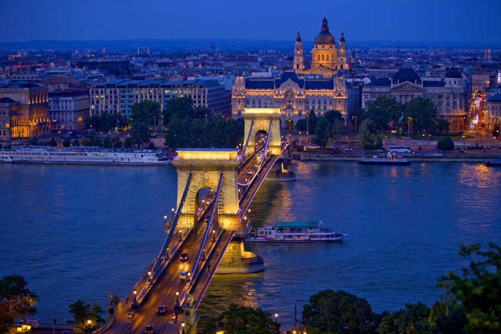 Hungary, Budapest Chain Bridge lit at night art print by Jim Zuckerman for $57.95 CAD