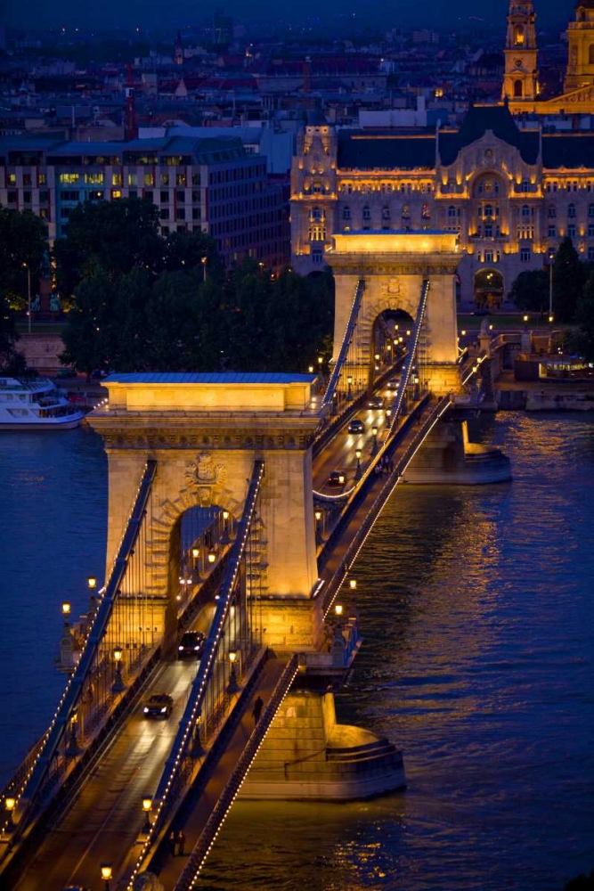 Hungary, Budapest Chain Bridge lit at night art print by Jim Zuckerman for $57.95 CAD