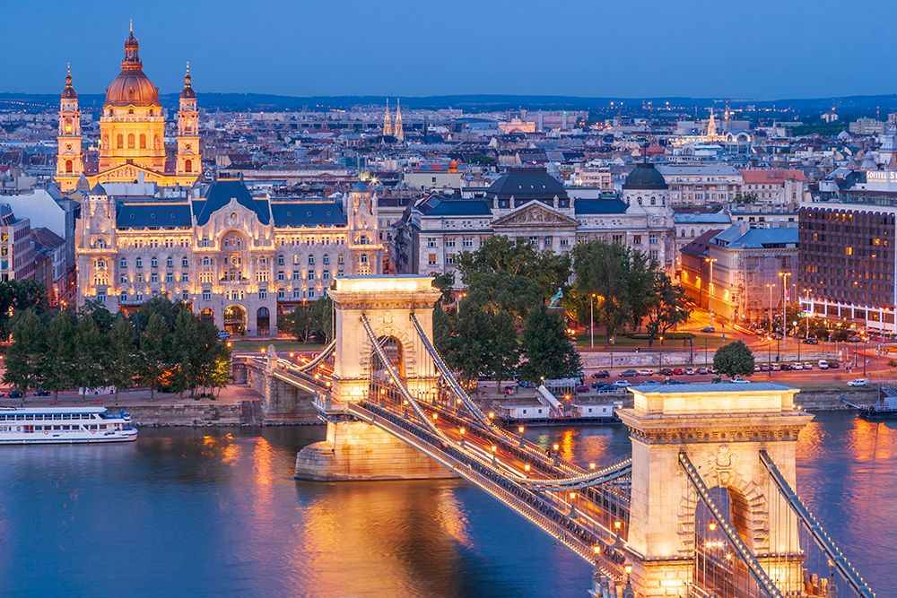 Hungary-Budapest-Szechenyi Chain Bridge across the Danube River-illuminated at night-built between art print by Tom Haseltine for $57.95 CAD