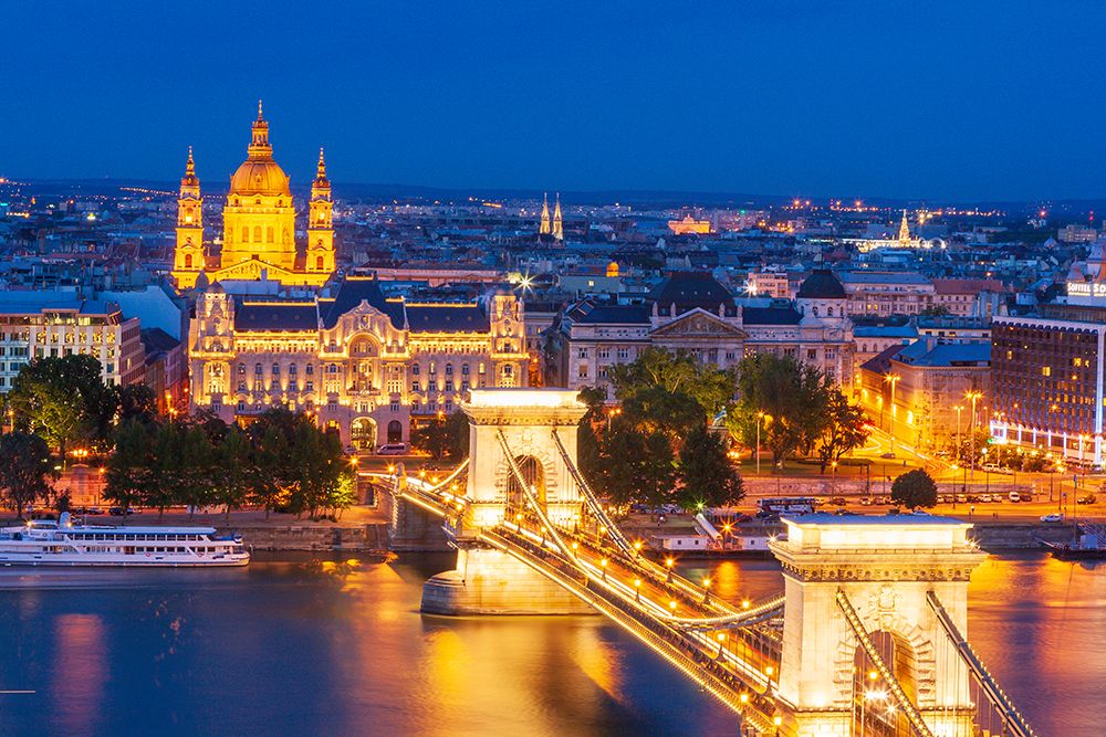 Hungary-Budapest-Szechenyi Chain Bridge across the Danube River-illuminated at night-built between art print by Tom Haseltine for $57.95 CAD