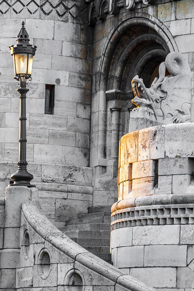 Hungary-Budapest-Light hitting lamppost-staircase-and dragon statue on Fishermans Bastion building art print by Tom Haseltine for $57.95 CAD