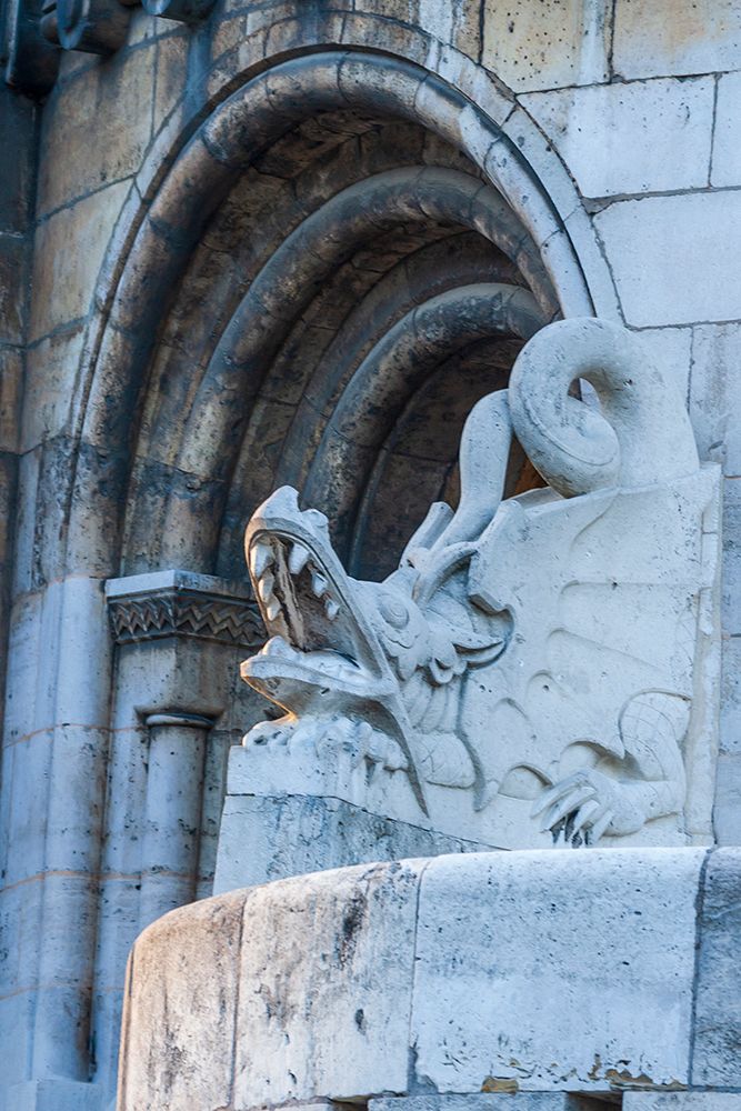 Hungary-Budapest-Dragon statue at Fishermans Bastion building art print by Tom Haseltine for $57.95 CAD