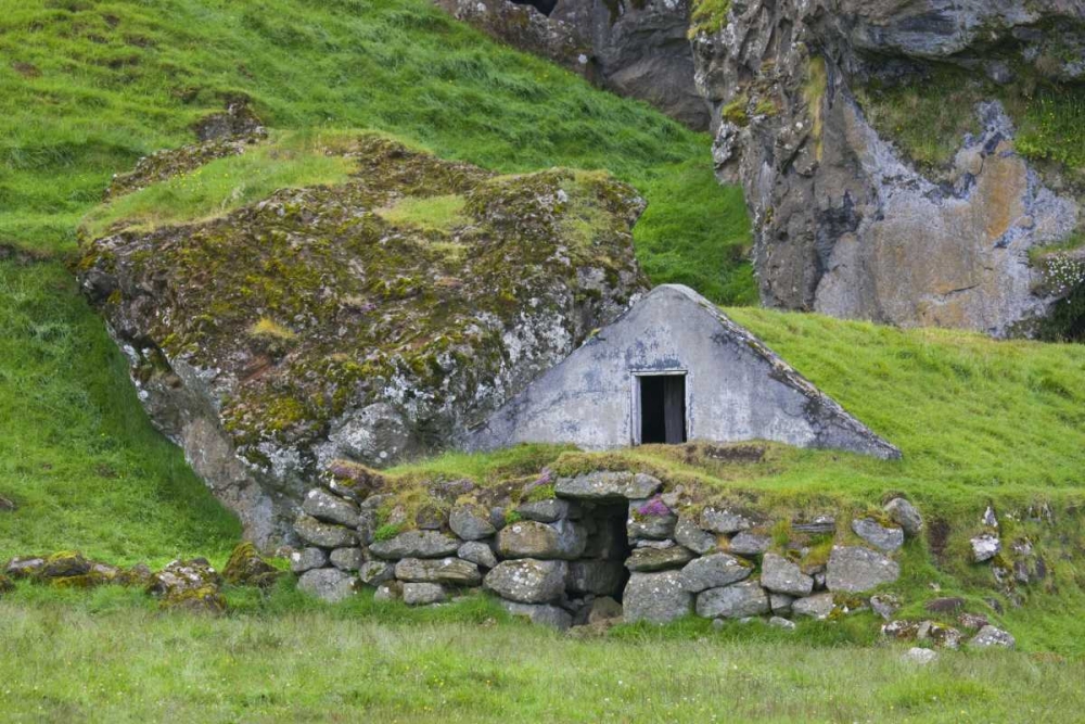 Iceland, Skogar A sod-covered roof on a shed art print by Don Grall for $57.95 CAD