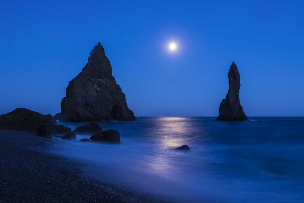 Iceland, Reynisdrangur Moon reflection on ocean art print by Dennis Kirkland for $57.95 CAD