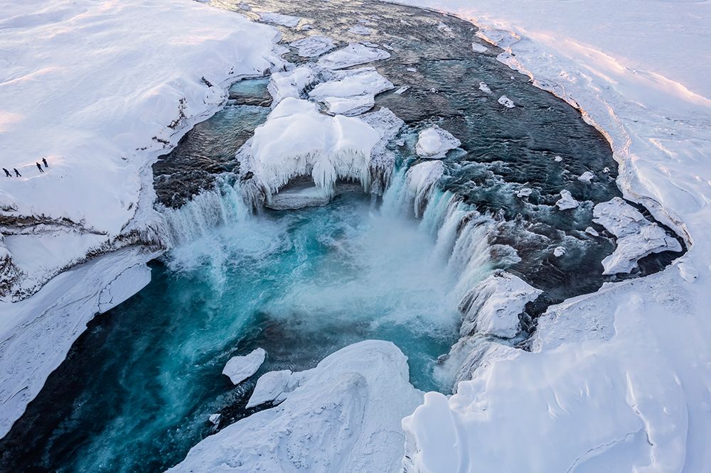Iceland, Godafoss Waterfall. Aerial of waterfall in winter. art print by Jaynes Gallery for $57.95 CAD