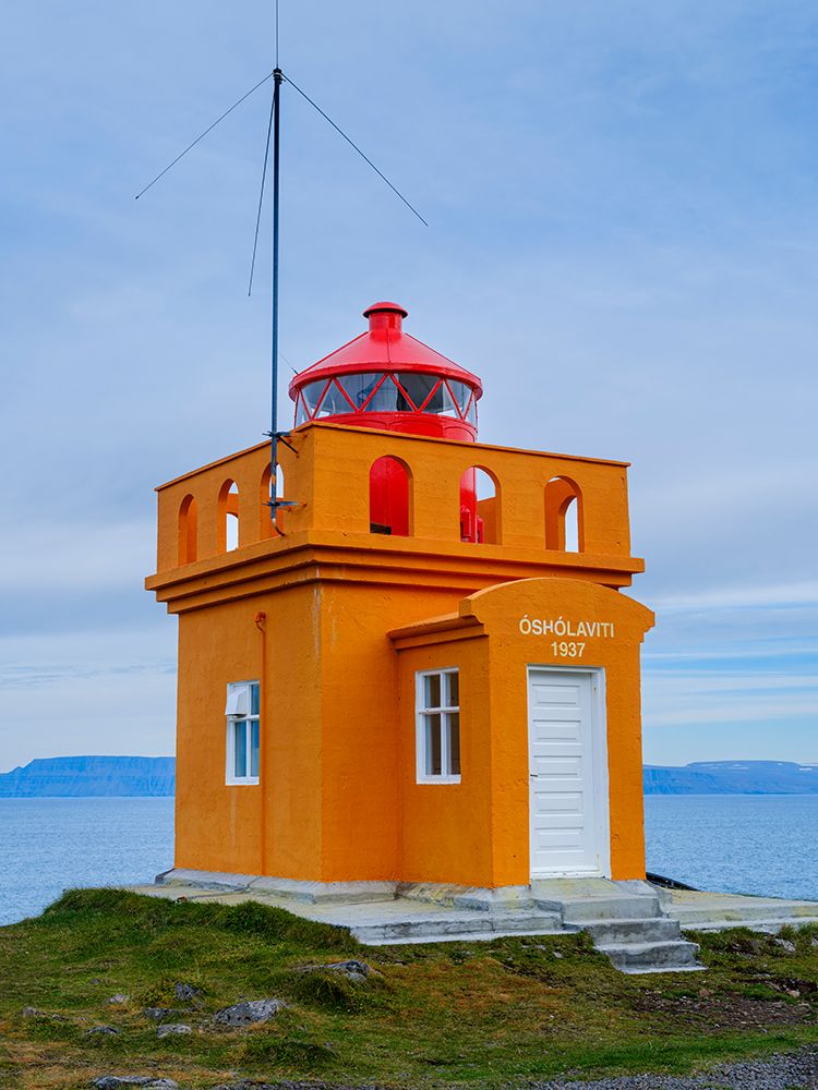 Iceland. Lighthouse Osholar, Bolungarvik at fjord Isafjardardjup during autumn. art print by Martin Zwick for $57.95 CAD