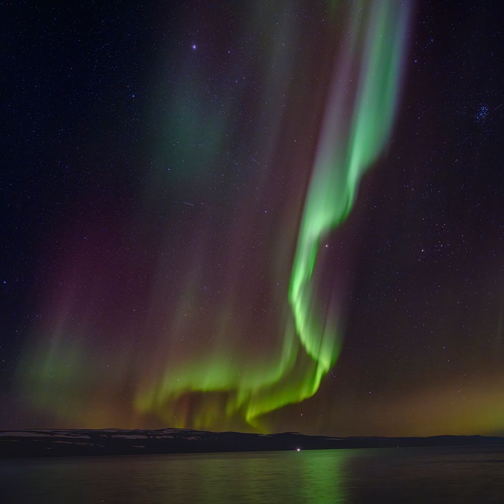 Iceland. Northern Lights over fjord Isafjardardjup near Isafjordur view towards Hornstrandir. art print by Martin Zwick for $57.95 CAD