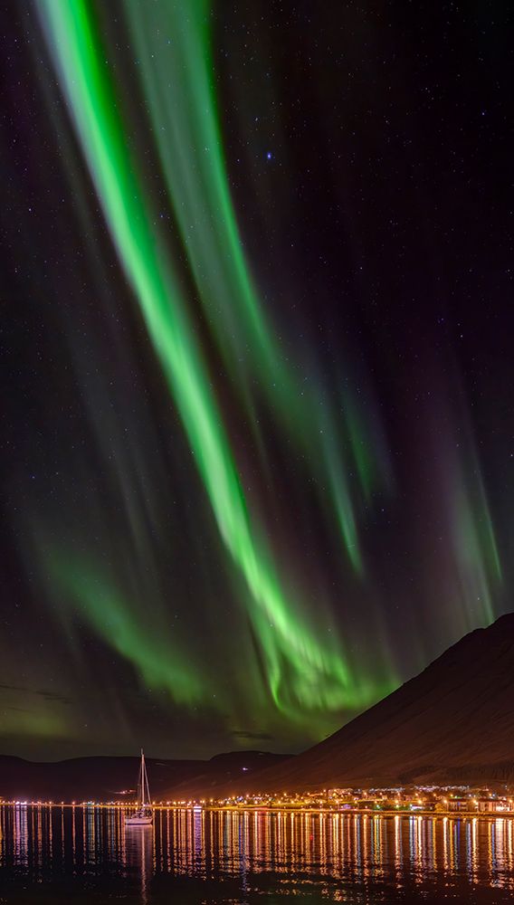 Iceland. Northern Lights over Isafjordur, the capital of the Westfjords during autumn. art print by Martin Zwick for $57.95 CAD
