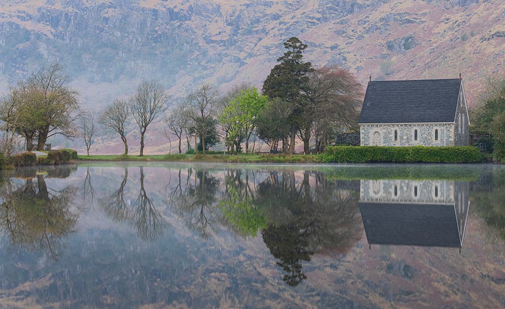 Ireland-Cork-Gougane Barra Church and mountain reflections in lake art print by Jaynes Gallery for $57.95 CAD