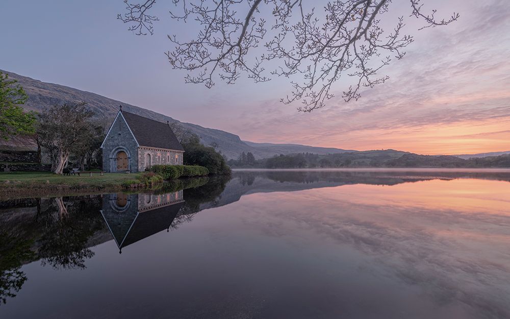 Ireland-Cork-Gougane Barra Church and mountain reflections in lake art print by Jaynes Gallery for $57.95 CAD