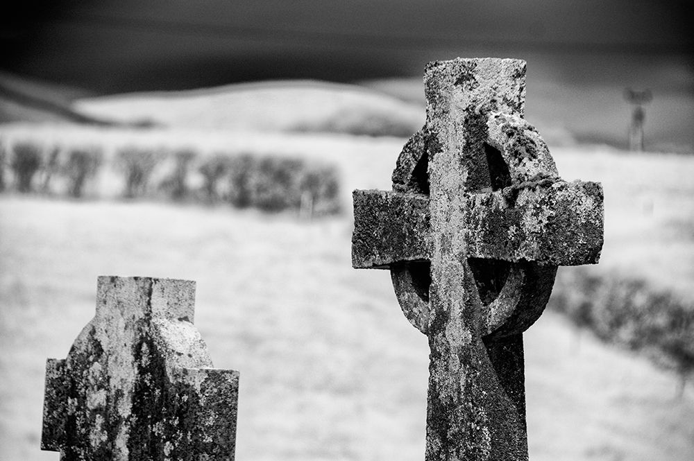 Old lichen-covered Celtic cross at Burrishoole Abbey in County Mayo-Ireland. art print by Betty Sederquist for $57.95 CAD