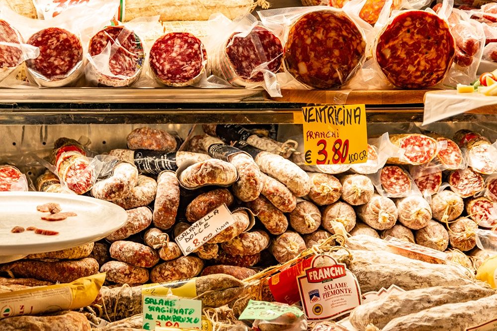 Italy-Rome Piazza della Rotunda-meat at Salami Antica art print by Alison Jones for $57.95 CAD