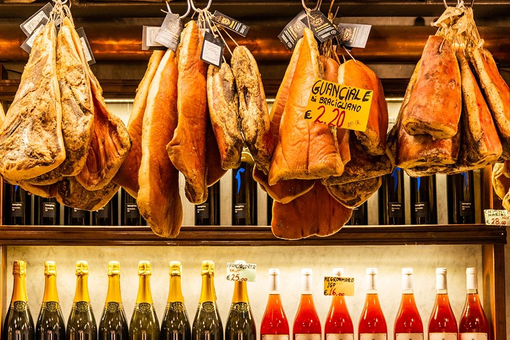 Italy-Rome Piazza della Rotunda-meat (hams) and wine for sale at Salami Antica art print by Alison Jones for $57.95 CAD