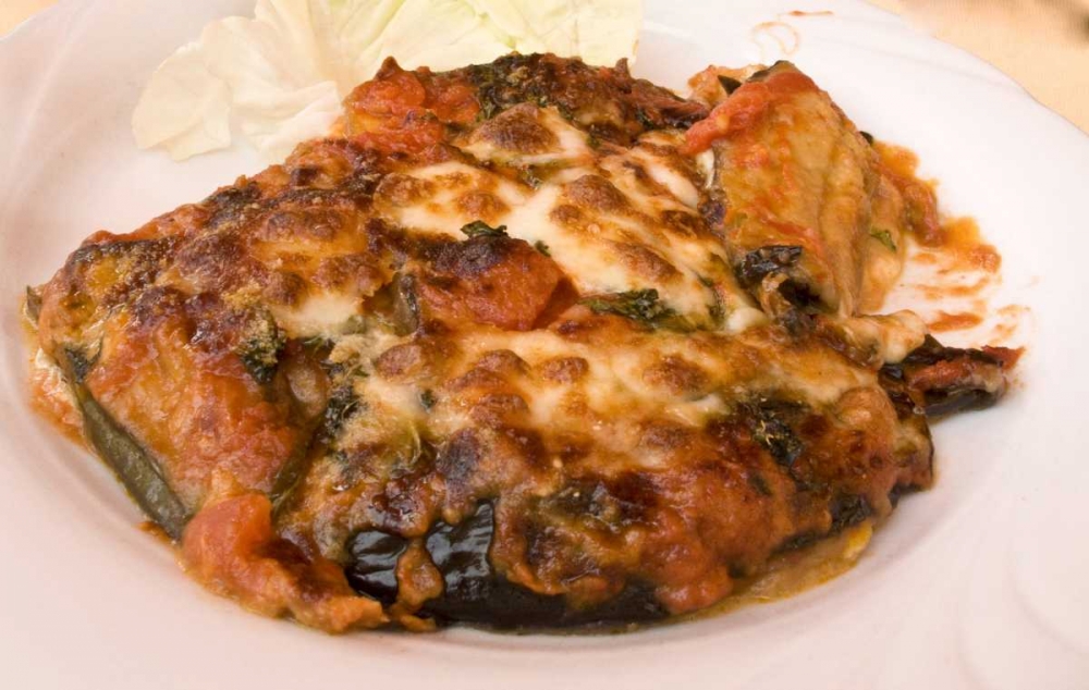 Italy, Positano Plate of eggplant parmesan art print by Wendy Kaveney for $57.95 CAD