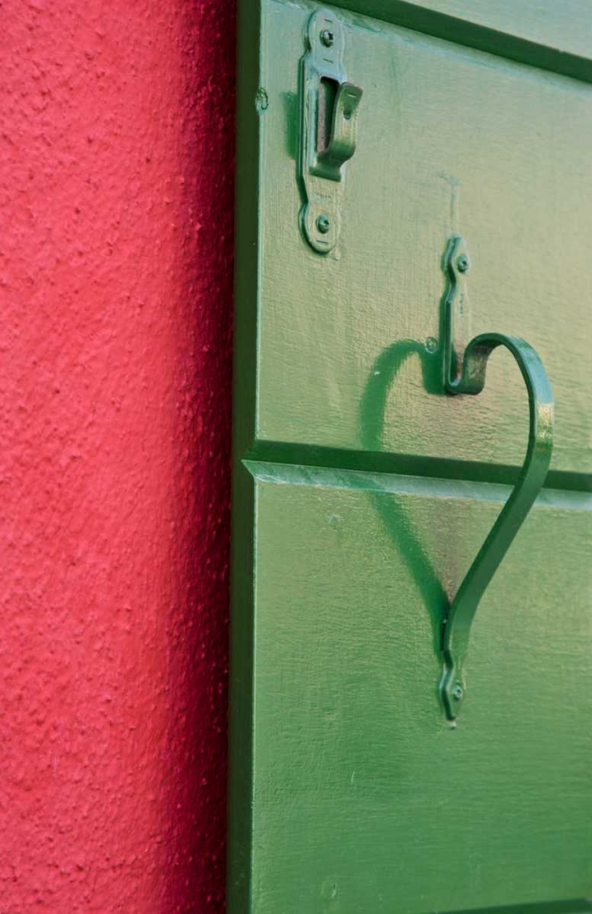 Italy, BuranoGreen shutter on a red wall art print by Wendy Kaveney for $57.95 CAD