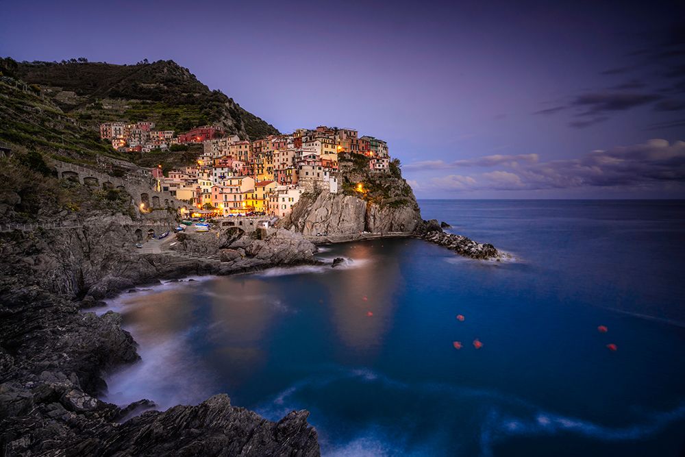 Europe-Italy-Manarola-Sunset coastline with town and ocean art print by Jaynes Gallery for $57.95 CAD