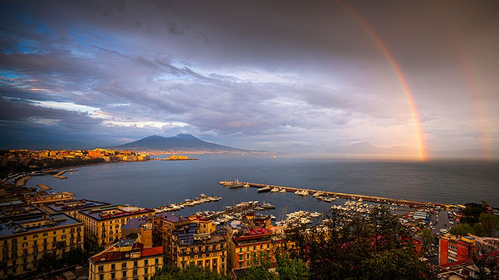 Europe-Italy-Naples-Overview of city and Mt-Vesuvius with rainbow art print by Jaynes Gallery for $57.95 CAD